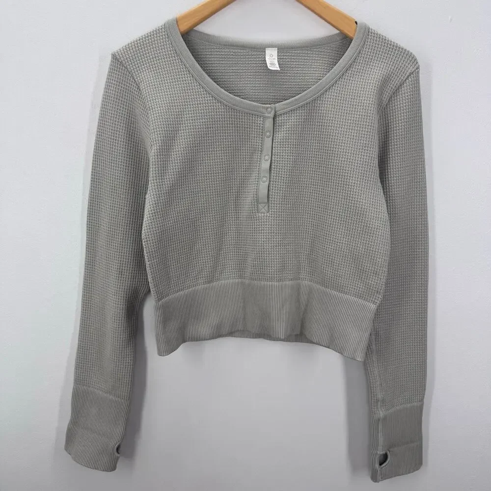Offline by Aerie Green Waffle Knit Long Sleeve Crop Top size XXL Gorpcore Active